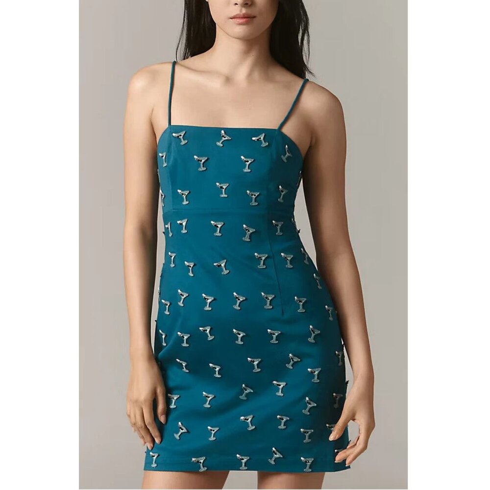Anthropologie Maeve Brynne 3-D Martini Spaghetti-Strap Mini Dress Blue Sz 2